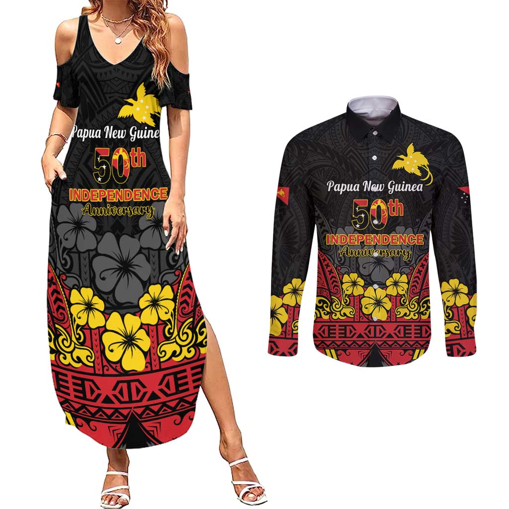 Papua New Guinea Independence Day Couples Matching Summer Maxi Dress and Long Sleeve Button Shirt PNG Bird of Paradise 50th Anniversary LT14