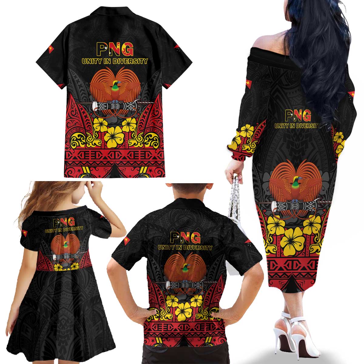Papua New Guinea Independence Day Family Matching Off The Shoulder Long Sleeve Dress and Hawaiian Shirt PNG Bird of Paradise 50th Anniversary LT14