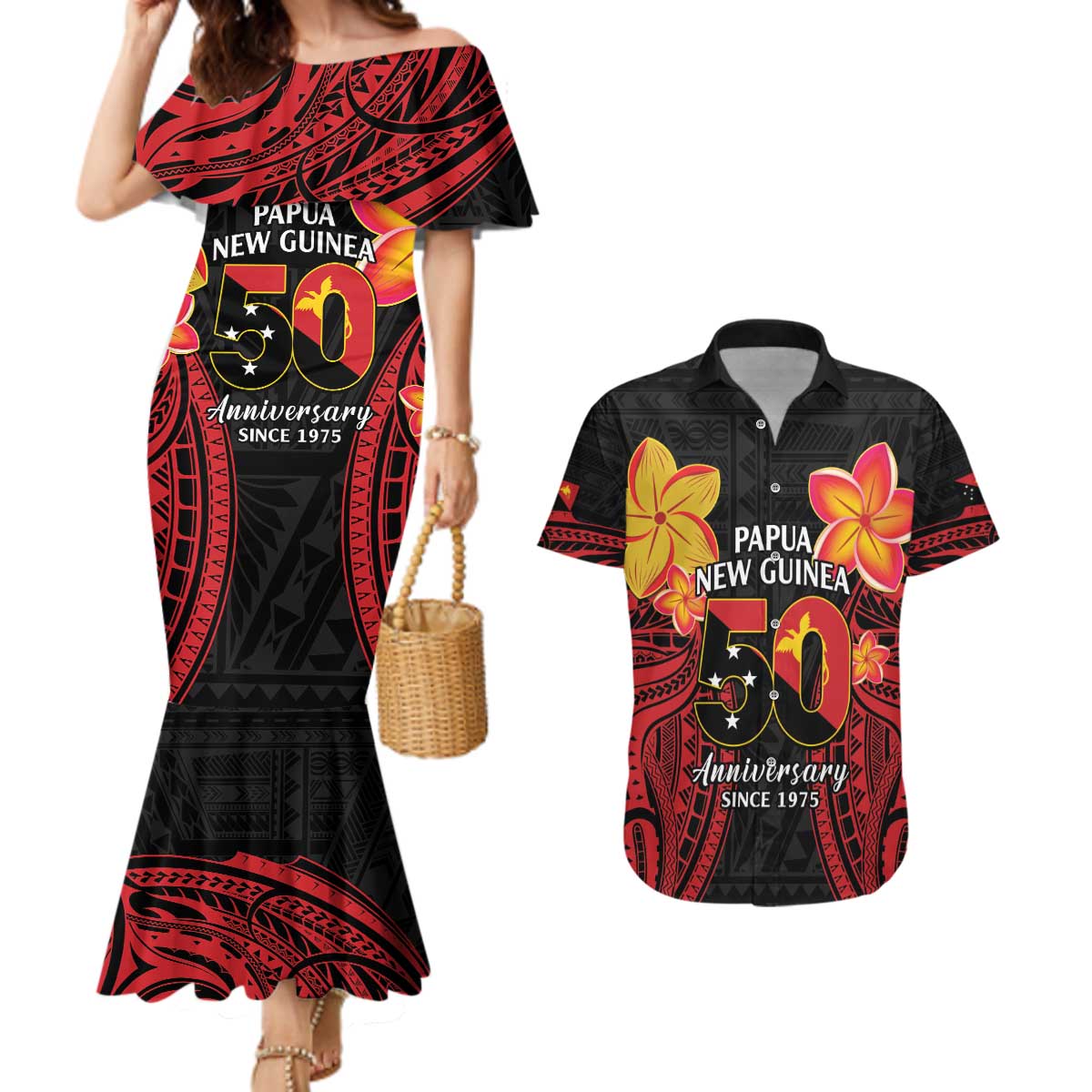 Papua New Guinea Independence Day Couples Matching Mermaid Dress and Hawaiian Shirt PNG Since 1975 LT14