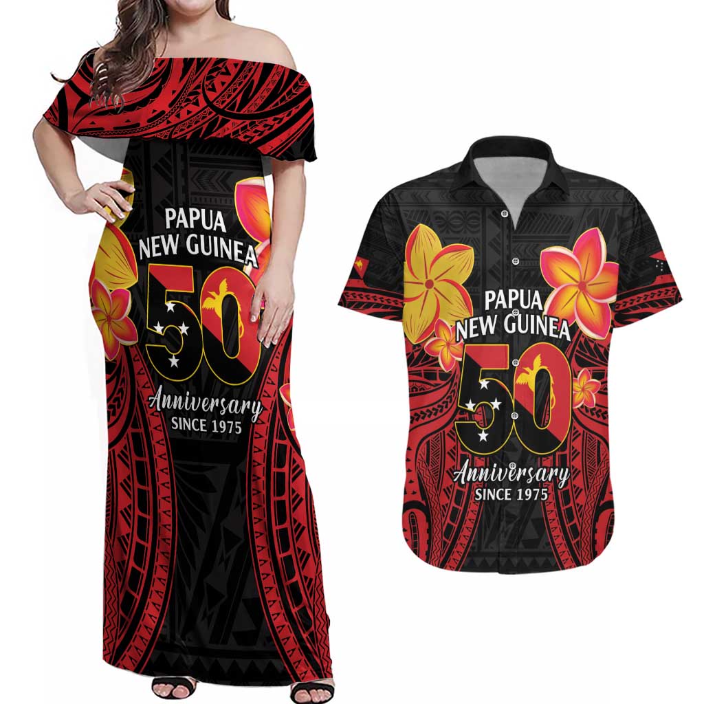 Papua New Guinea Independence Day Couples Matching Off Shoulder Maxi Dress and Hawaiian Shirt PNG Since 1975 LT14