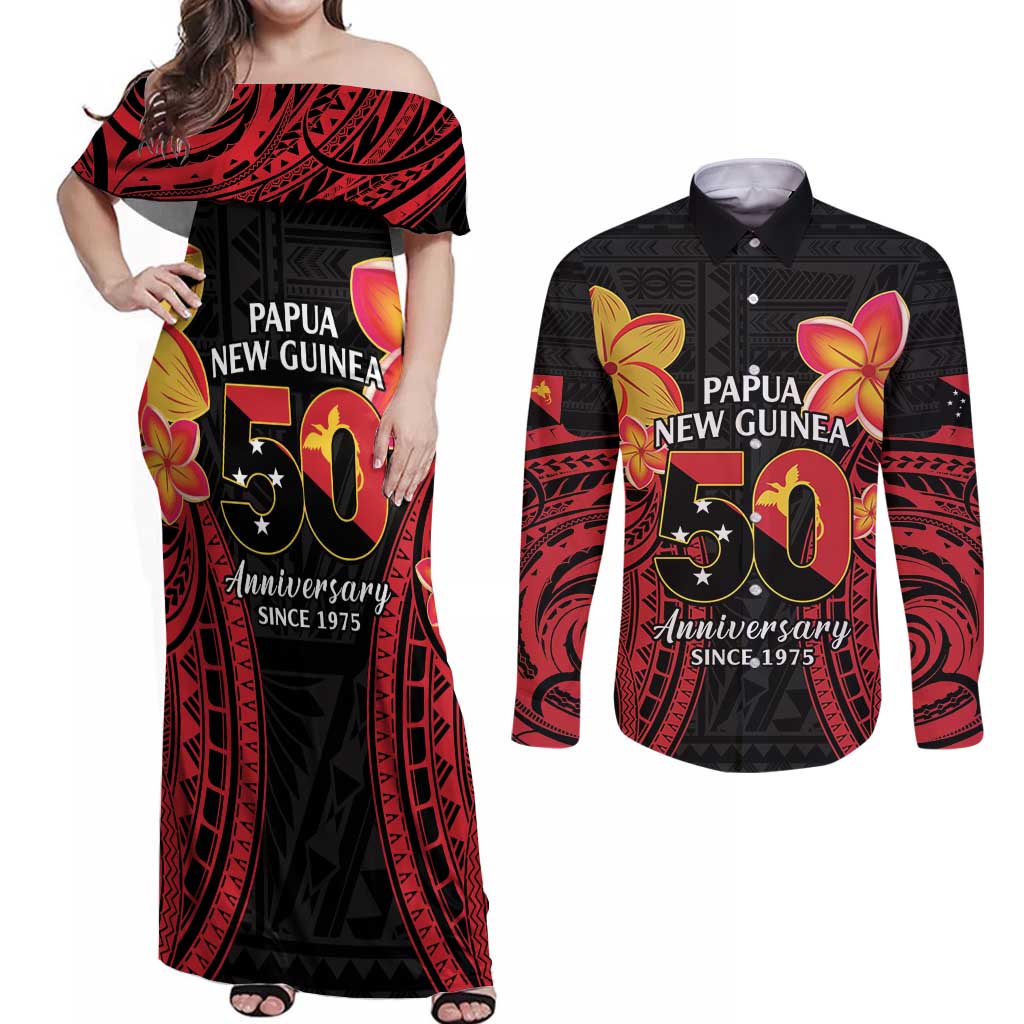 Papua New Guinea Independence Day Couples Matching Off Shoulder Maxi Dress and Long Sleeve Button Shirt PNG Since 1975 LT14