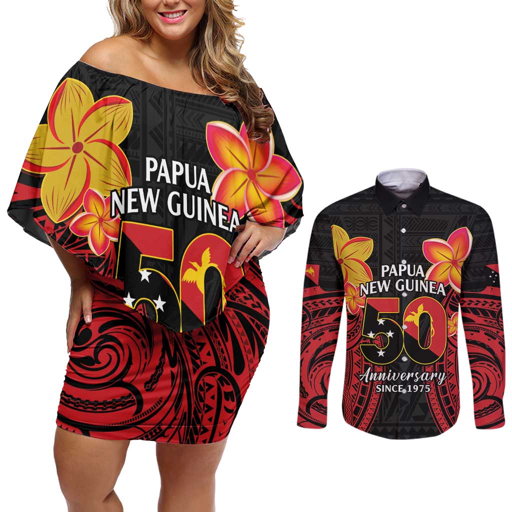 Papua New Guinea Independence Day Couples Matching Off Shoulder Short Dress and Long Sleeve Button Shirt PNG Since 1975 LT14