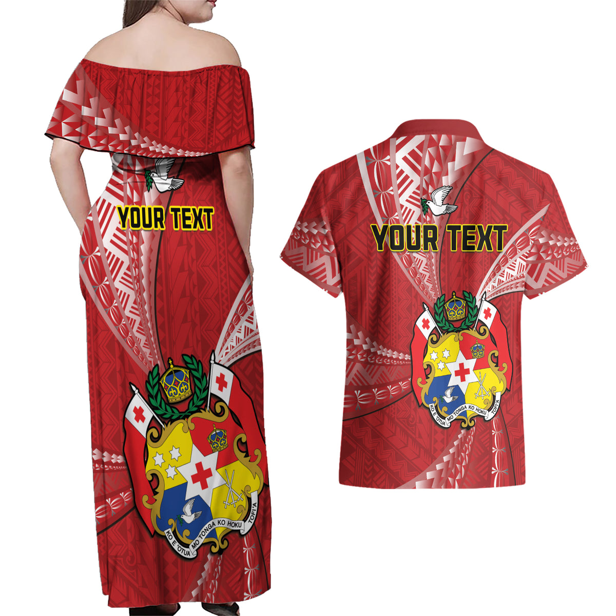 Personalised Tonga Independence Day Couples Matching Off Shoulder Maxi Dress and Hawaiian Shirt Happy 54th Independence Anniversary Ngatu Pattern