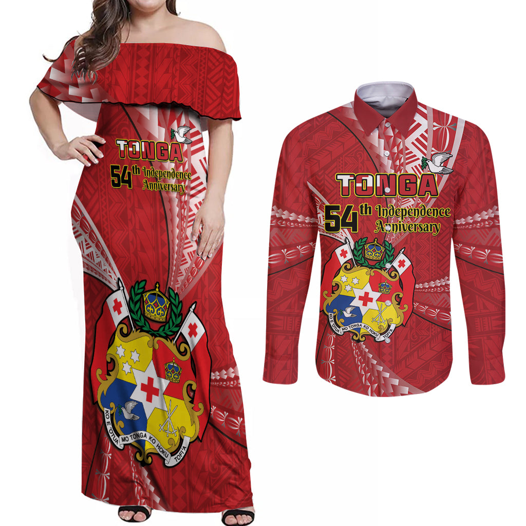 Personalised Tonga Independence Day Couples Matching Off Shoulder Maxi Dress and Long Sleeve Button Shirt Happy 54th Independence Anniversary Ngatu Pattern