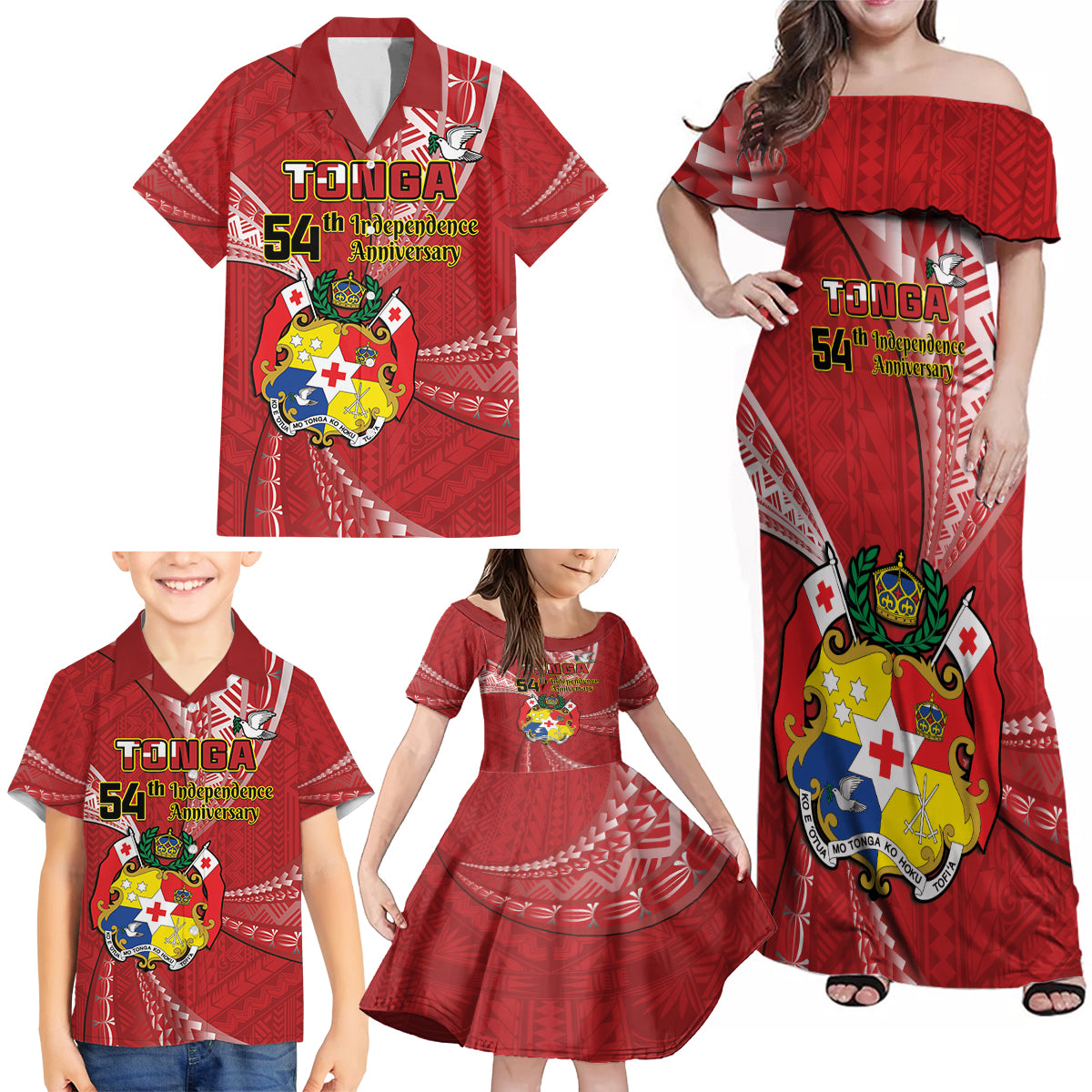 Personalised Tonga Independence Day Family Matching Off Shoulder Maxi Dress and Hawaiian Shirt Happy 54th Independence Anniversary Ngatu Pattern