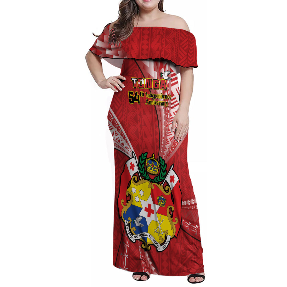 Personalised Tonga Independence Day Family Matching Off Shoulder Maxi Dress and Hawaiian Shirt Happy 54th Independence Anniversary Ngatu Pattern