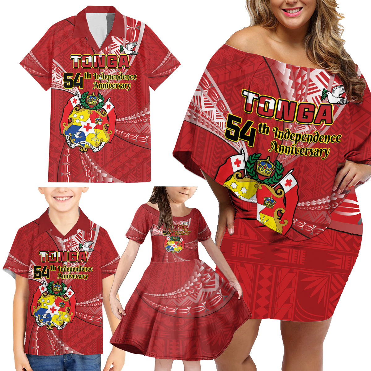 Personalised Tonga Independence Day Family Matching Off Shoulder Short Dress and Hawaiian Shirt Happy 54th Independence Anniversary Ngatu Pattern