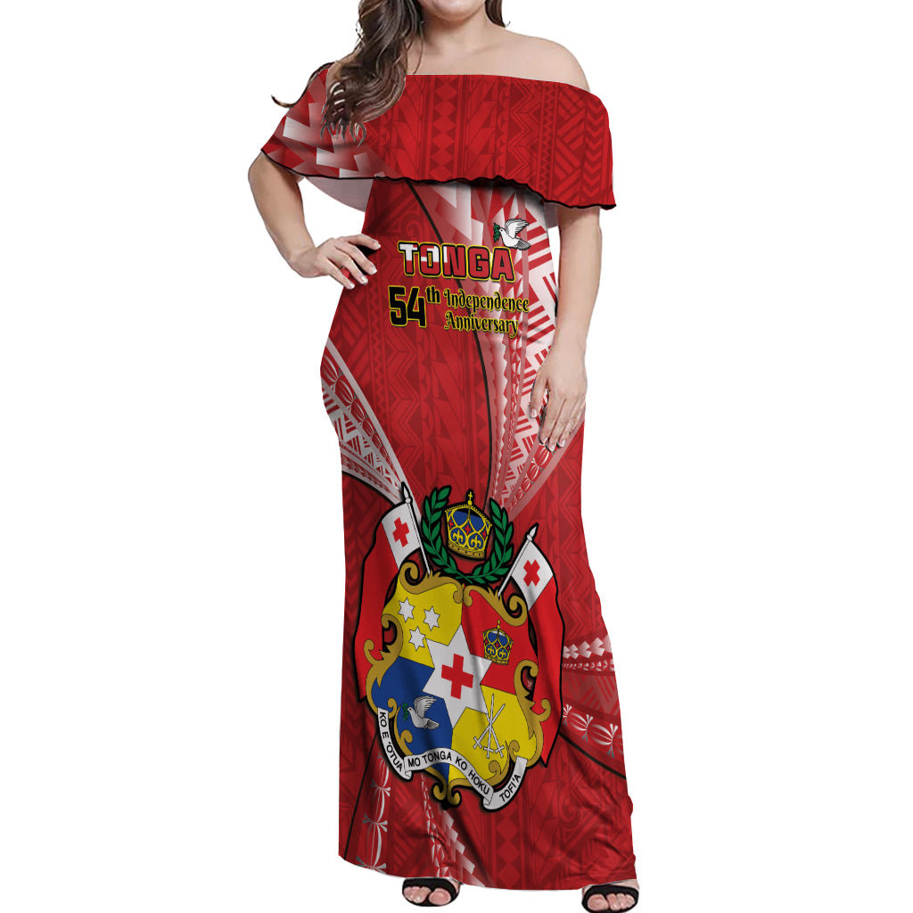 Personalised Tonga Independence Day Off Shoulder Maxi Dress Happy 54th Independence Anniversary Ngatu Pattern