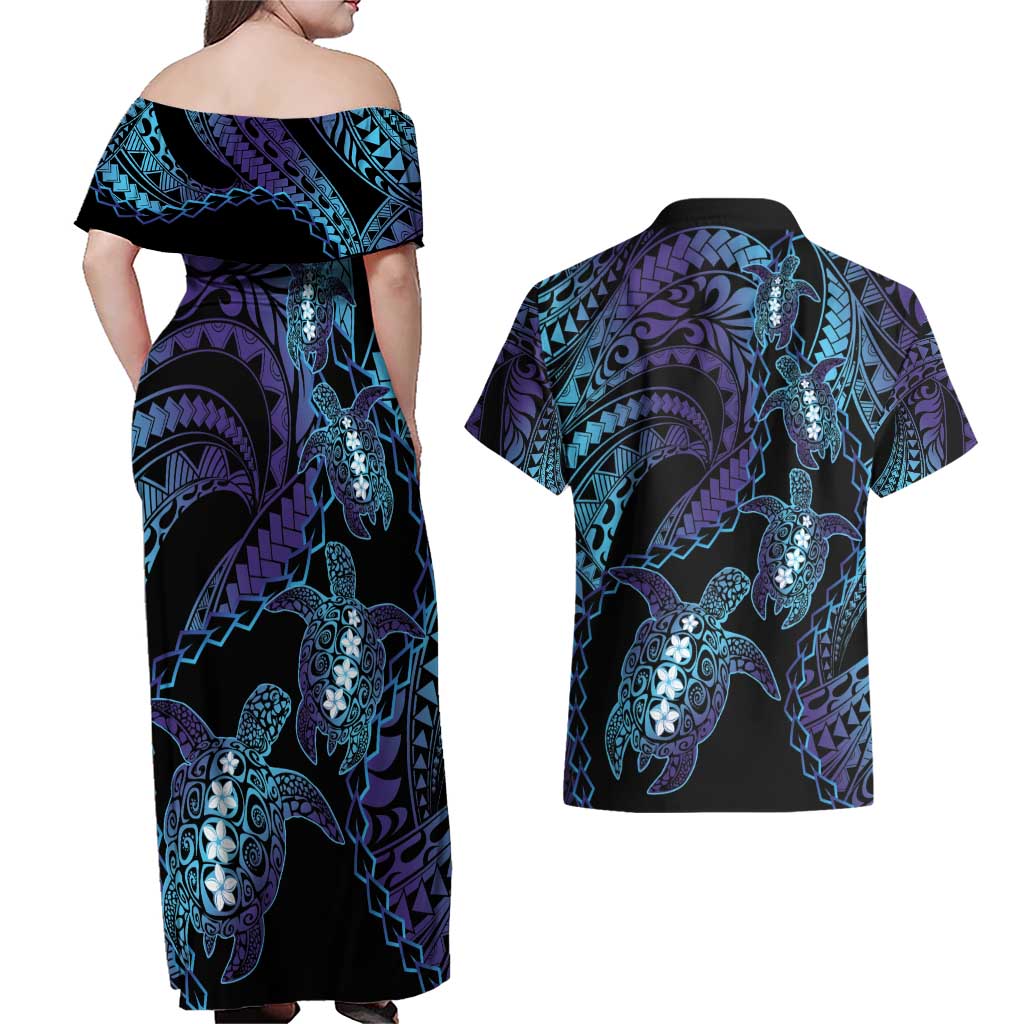 Polynesia Sea Turtle Day Couples Matching Off Shoulder Maxi Dress and Hawaiian Shirt Tribal Honu Plumeria Polynesian Pattern