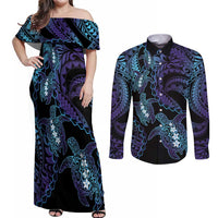 Polynesia Sea Turtle Day Couples Matching Off Shoulder Maxi Dress and Long Sleeve Button Shirt Tribal Honu Plumeria Polynesian Pattern
