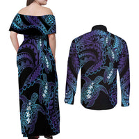 Polynesia Sea Turtle Day Couples Matching Off Shoulder Maxi Dress and Long Sleeve Button Shirt Tribal Honu Plumeria Polynesian Pattern