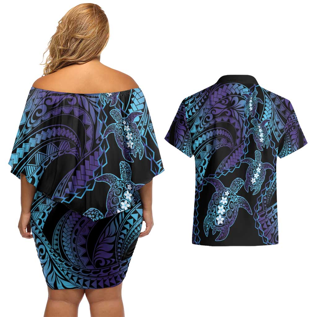 Polynesia Sea Turtle Day Couples Matching Off Shoulder Short Dress and Hawaiian Shirt Tribal Honu Plumeria Polynesian Pattern