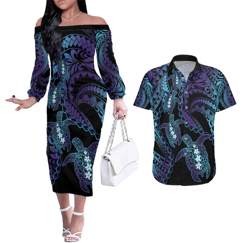 Polynesia Sea Turtle Day Couples Matching Off The Shoulder Long Sleeve Dress and Hawaiian Shirt Tribal Honu Plumeria Polynesian Pattern