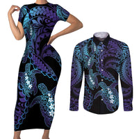 Polynesia Sea Turtle Day Couples Matching Short Sleeve Bodycon Dress and Long Sleeve Button Shirt Tribal Honu Plumeria Polynesian Pattern