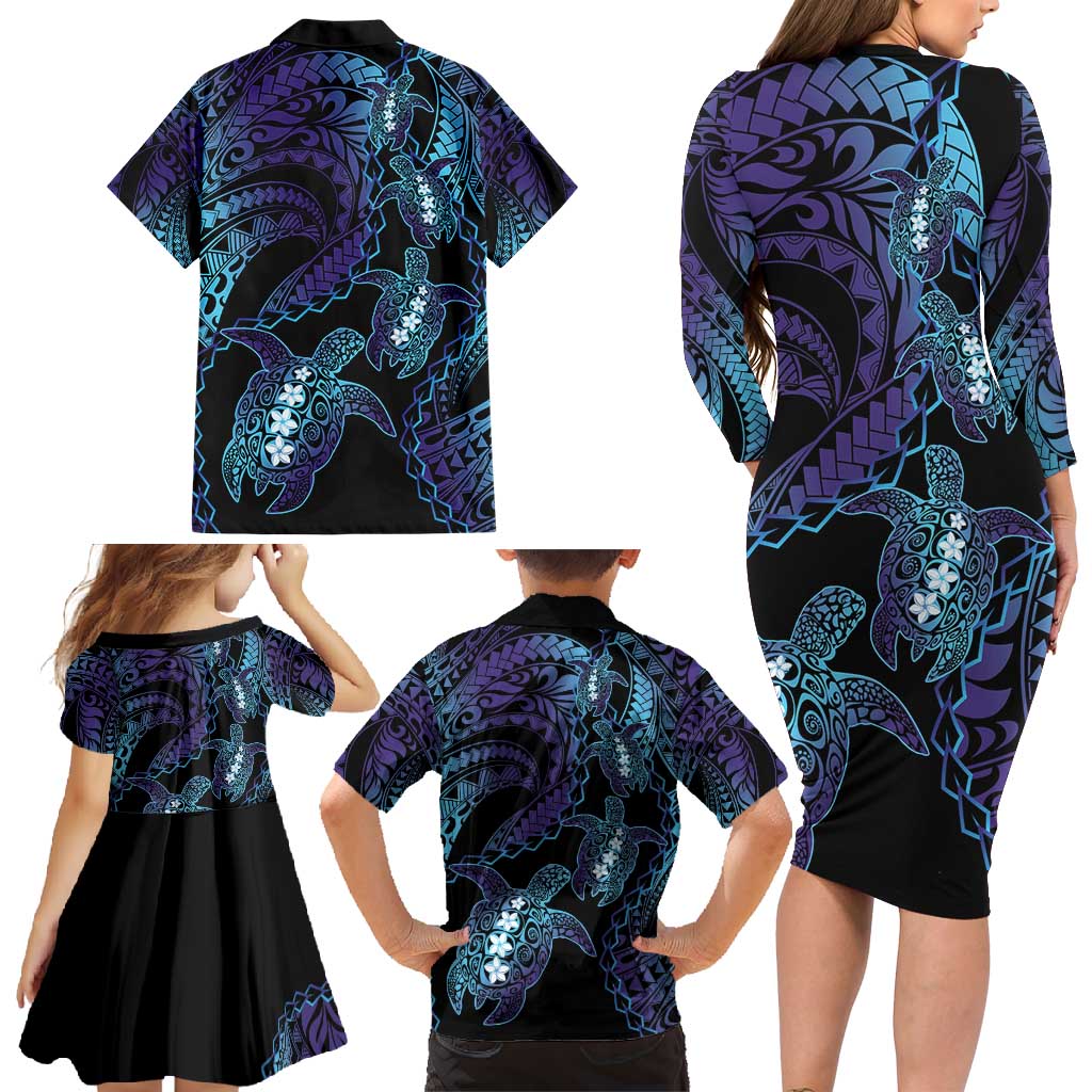 Polynesia Sea Turtle Day Family Matching Long Sleeve Bodycon Dress and Hawaiian Shirt Tribal Honu Plumeria Polynesian Pattern