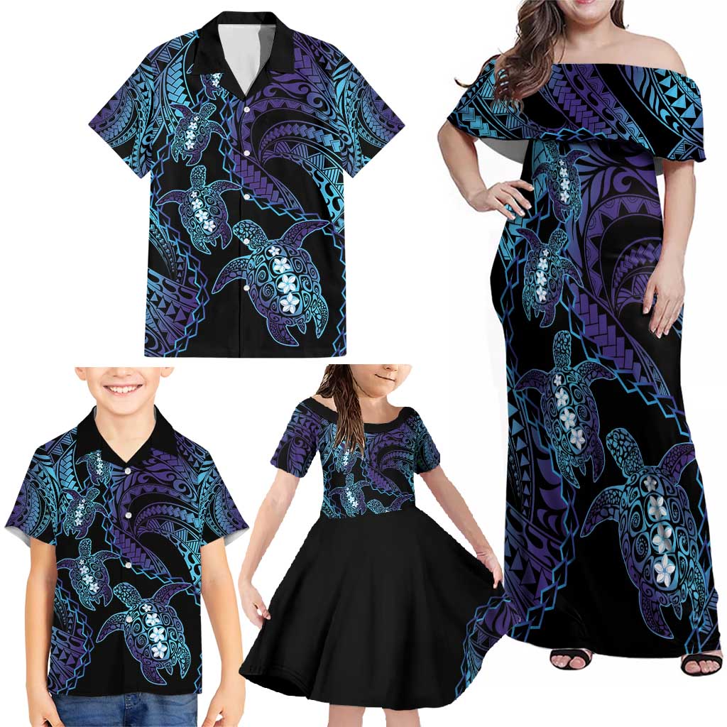 Polynesia Sea Turtle Day Family Matching Off Shoulder Maxi Dress and Hawaiian Shirt Tribal Honu Plumeria Polynesian Pattern