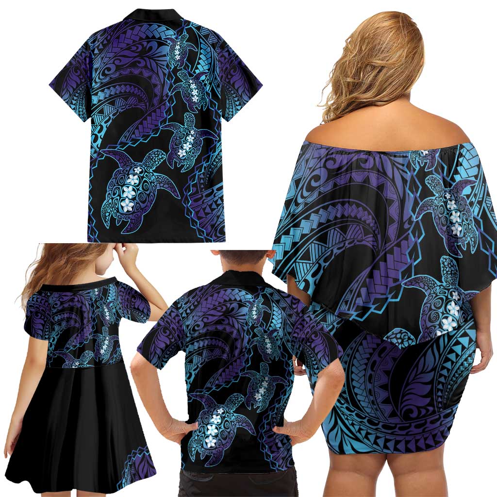 Polynesia Sea Turtle Day Family Matching Off Shoulder Short Dress and Hawaiian Shirt Tribal Honu Plumeria Polynesian Pattern