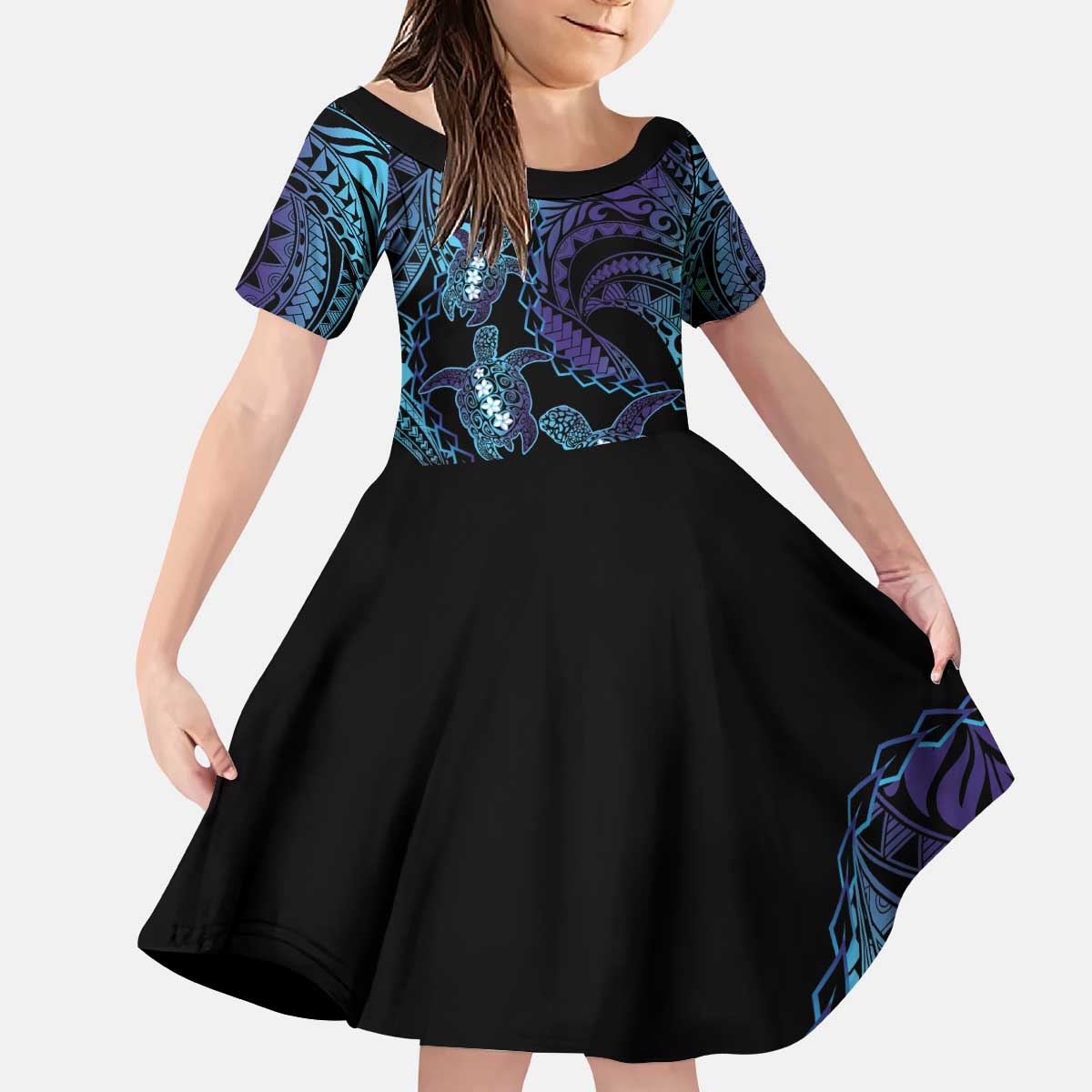 Polynesia Sea Turtle Day Kid Short Sleeve Dress Tribal Honu Plumeria Polynesian Pattern