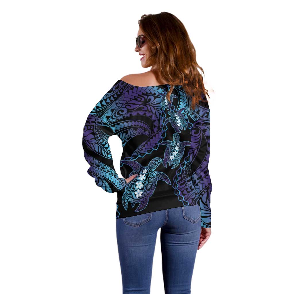 Polynesia Sea Turtle Day Off Shoulder Sweater Tribal Honu Plumeria Polynesian Pattern