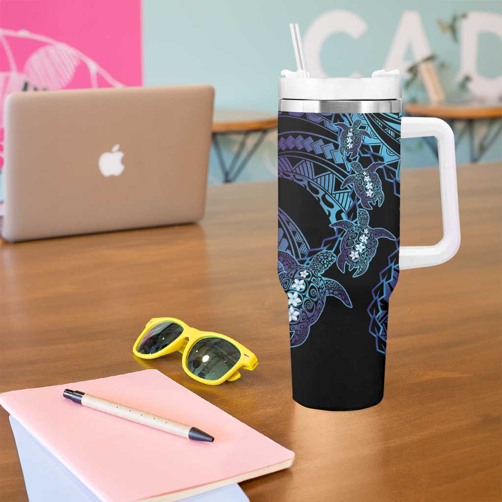 Polynesia Sea Turtle Day Tumbler With Handle Tribal Honu Plumeria Polynesian Pattern