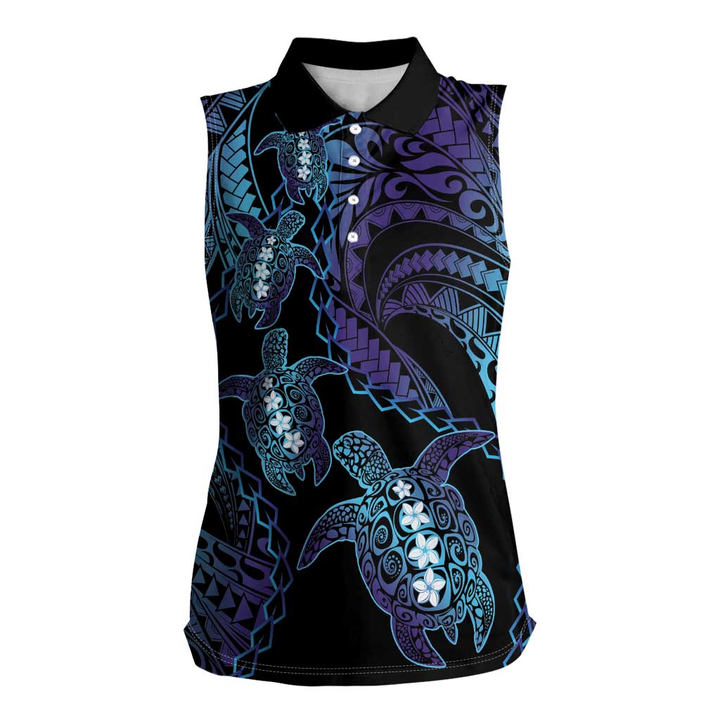 Polynesia Sea Turtle Day Women Sleeveless Polo Shirt Tribal Honu Plumeria Polynesian Pattern