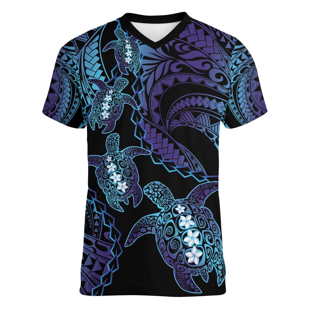 Polynesia Sea Turtle Day Women V-Neck T-Shirt Tribal Honu Plumeria Polynesian Pattern