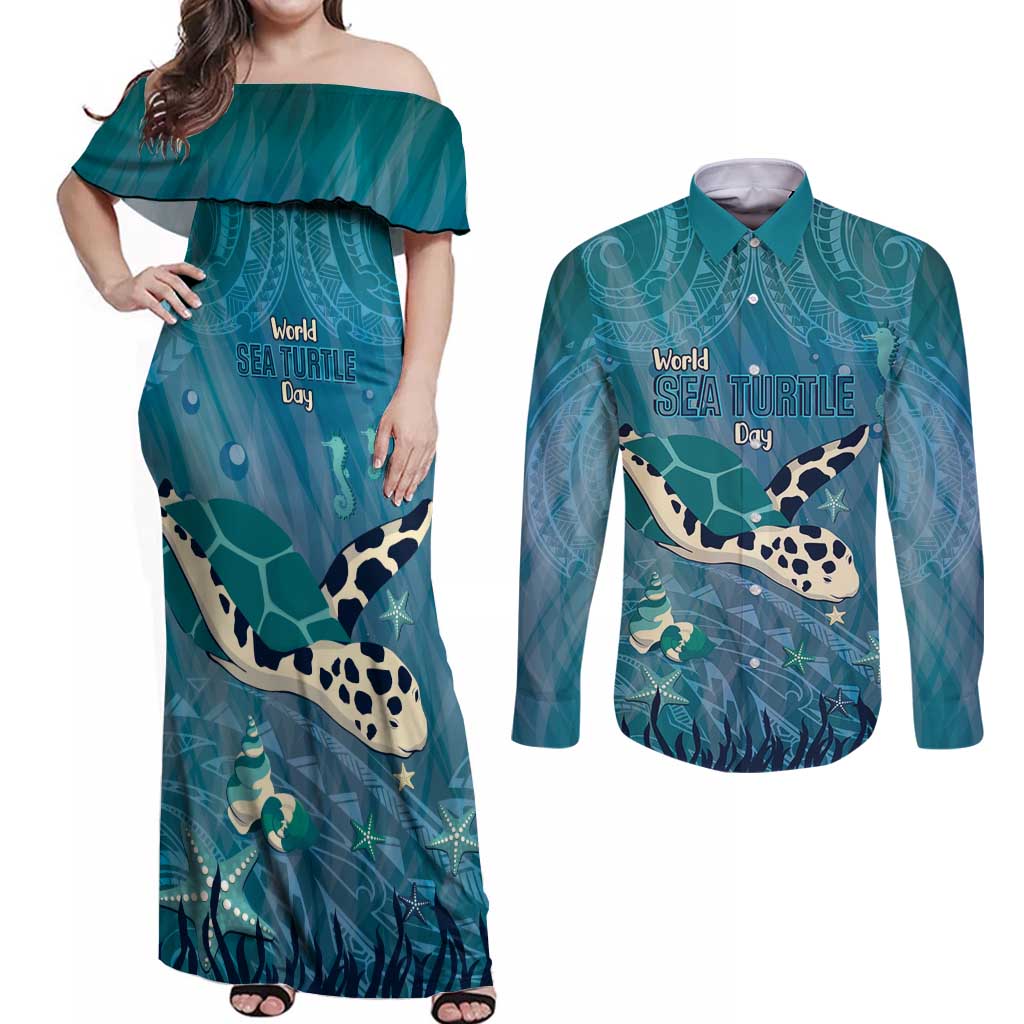 World Sea Turtle Day Polynesia Couples Matching Off Shoulder Maxi Dress and Long Sleeve Button Shirt Go With The Flow