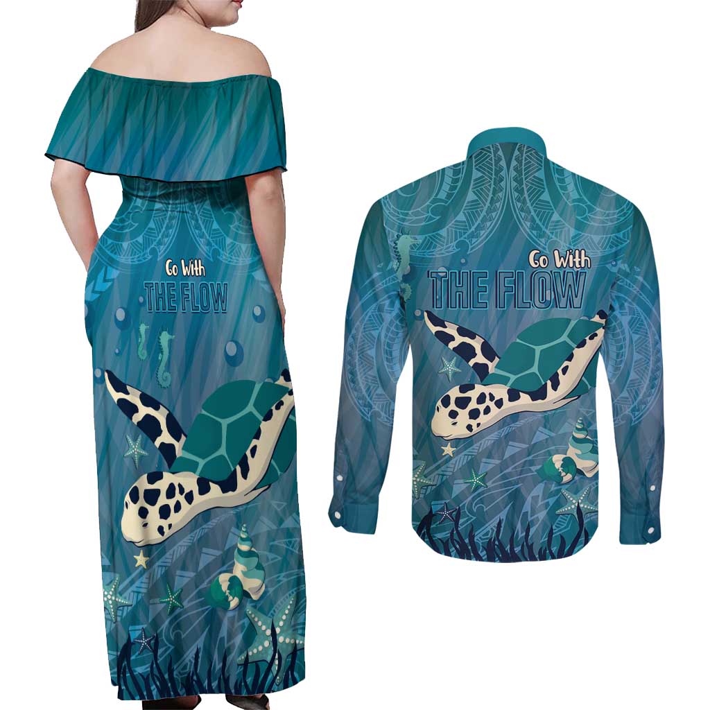 World Sea Turtle Day Polynesia Couples Matching Off Shoulder Maxi Dress and Long Sleeve Button Shirt Go With The Flow