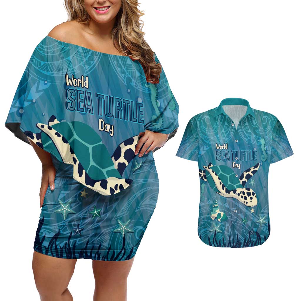 World Sea Turtle Day Polynesia Couples Matching Off Shoulder Short Dress and Hawaiian Shirt Go With The Flow