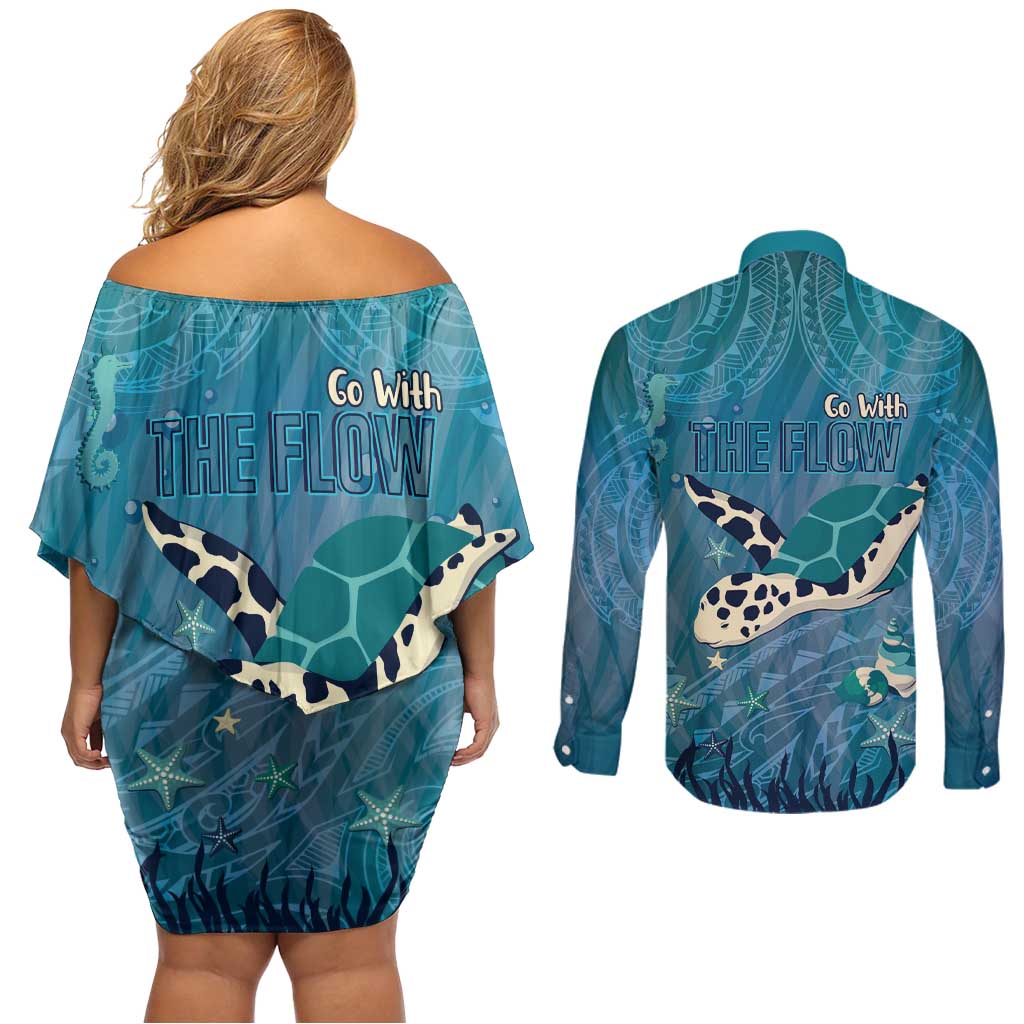 World Sea Turtle Day Polynesia Couples Matching Off Shoulder Short Dress and Long Sleeve Button Shirt Go With The Flow
