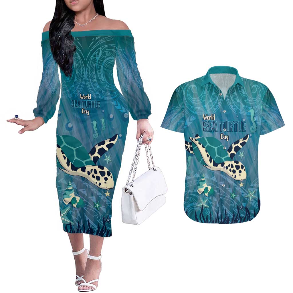 World Sea Turtle Day Polynesia Couples Matching Off The Shoulder Long Sleeve Dress and Hawaiian Shirt Go With The Flow