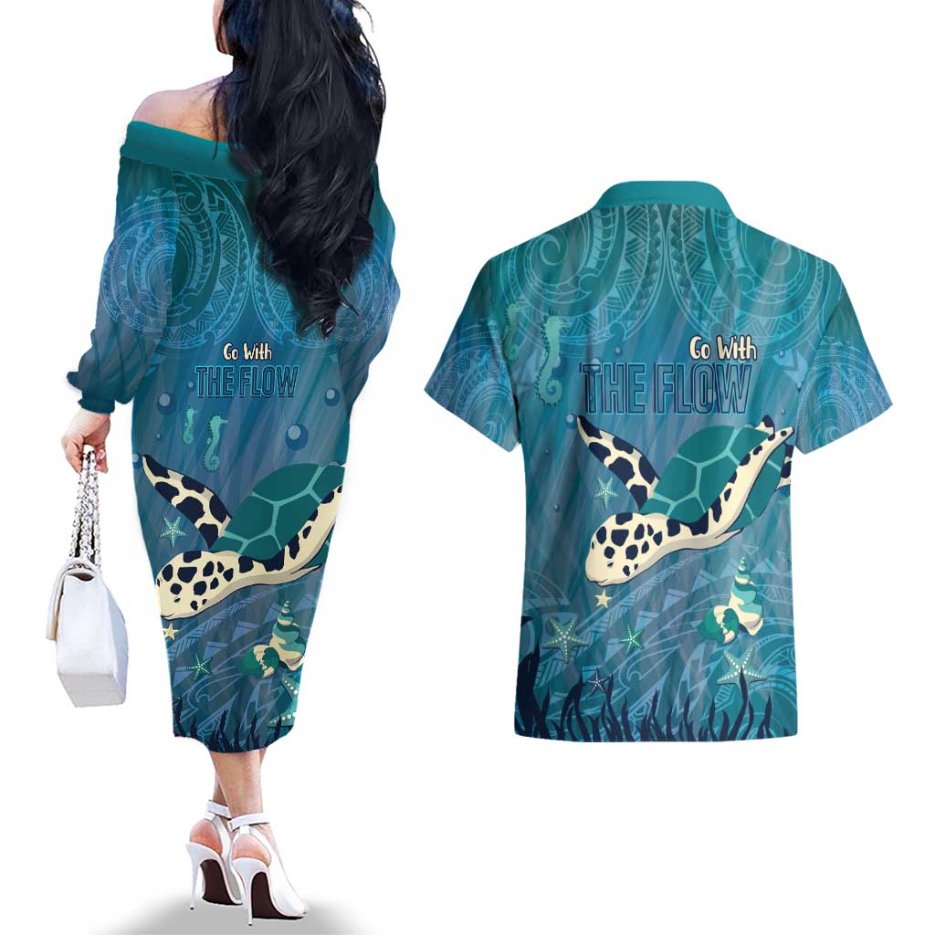World Sea Turtle Day Polynesia Couples Matching Off The Shoulder Long Sleeve Dress and Hawaiian Shirt Go With The Flow