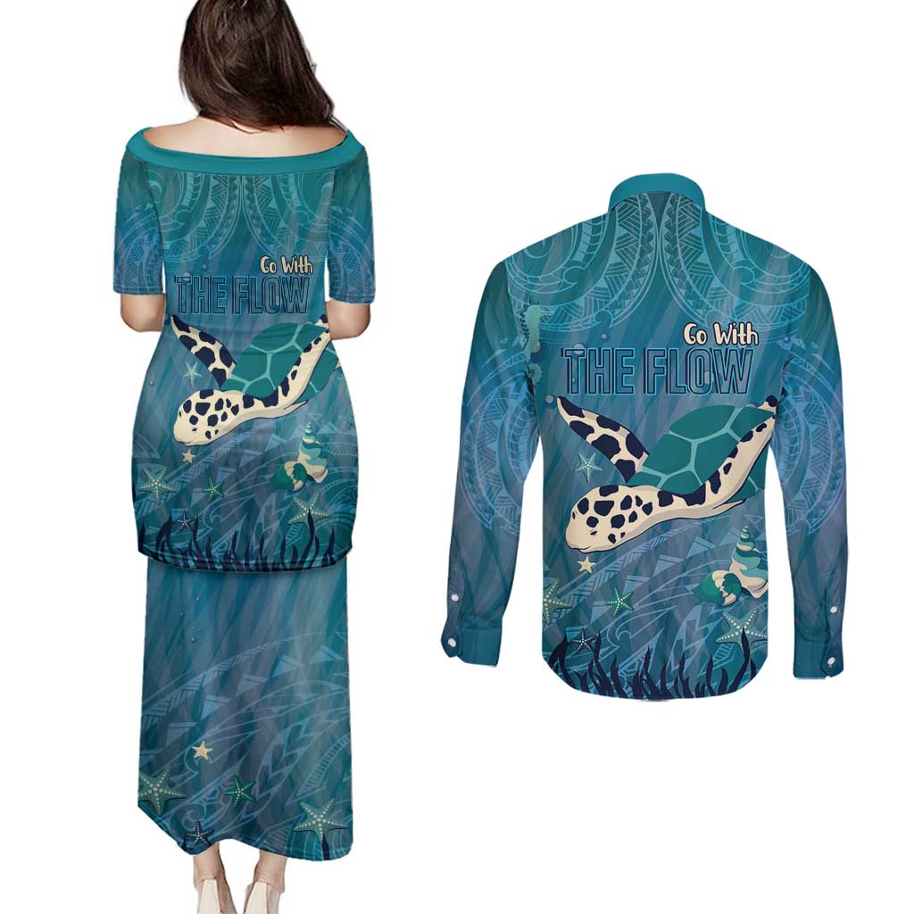 World Sea Turtle Day Polynesia Couples Matching Puletasi and Long Sleeve Button Shirt Go With The Flow