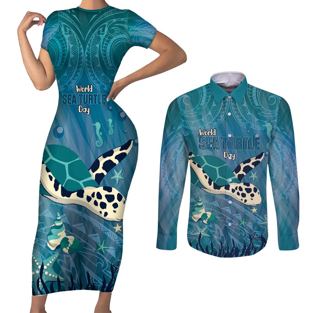 World Sea Turtle Day Polynesia Couples Matching Short Sleeve Bodycon Dress and Long Sleeve Button Shirt Go With The Flow