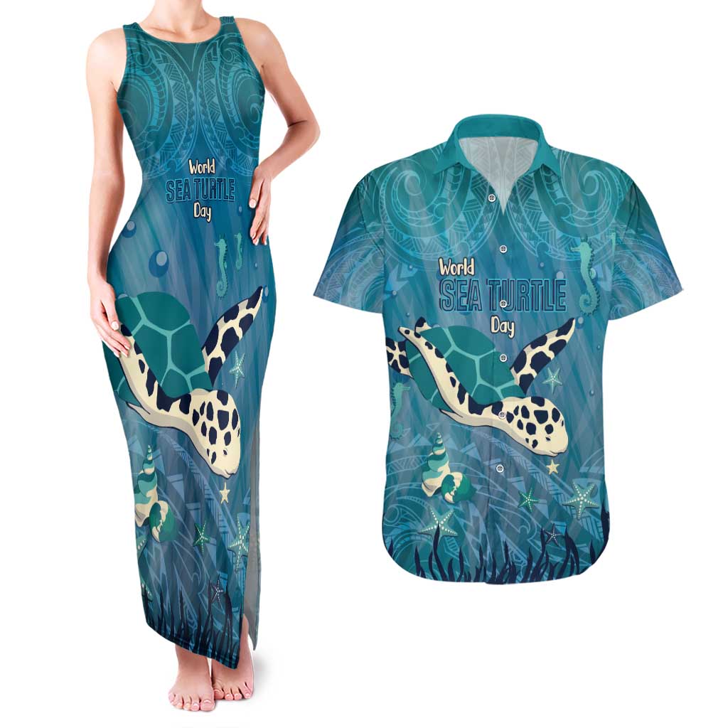 World Sea Turtle Day Polynesia Couples Matching Tank Maxi Dress and Hawaiian Shirt Go With The Flow