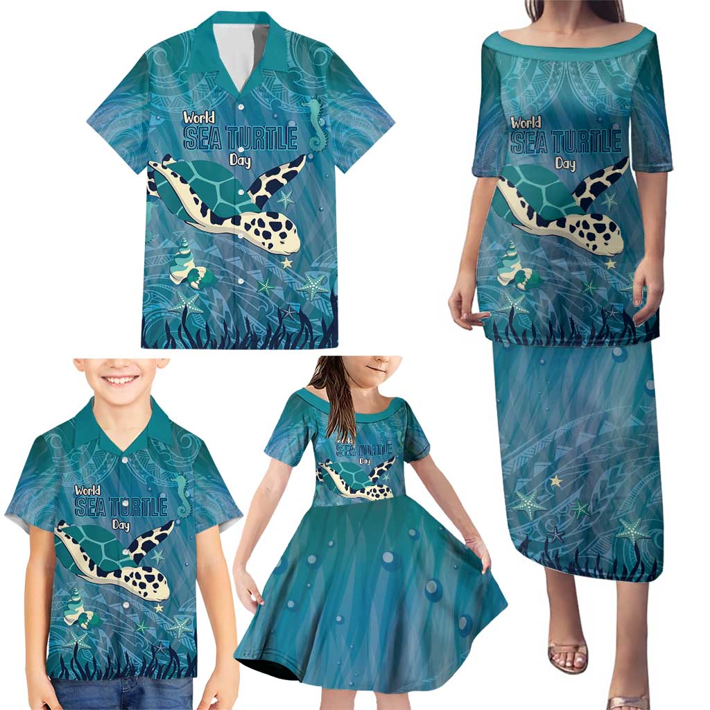 World Sea Turtle Day Polynesia Family Matching Puletasi and Hawaiian Shirt Go With The Flow