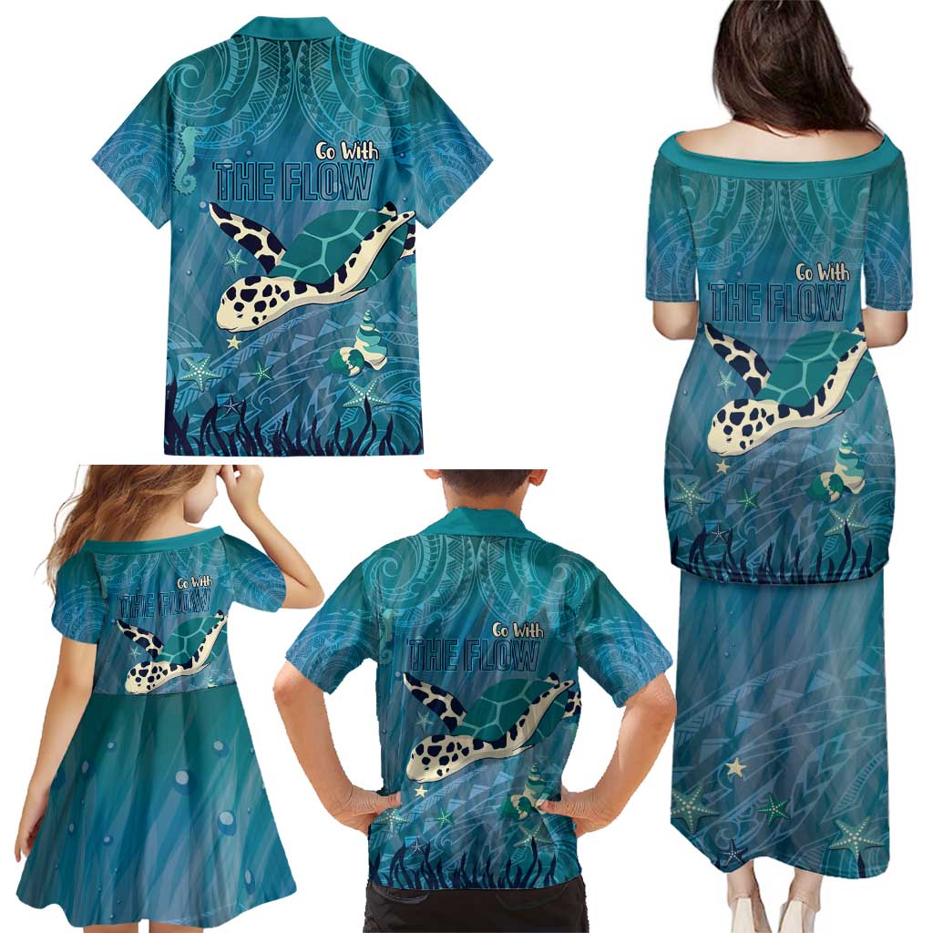 World Sea Turtle Day Polynesia Family Matching Puletasi and Hawaiian Shirt Go With The Flow