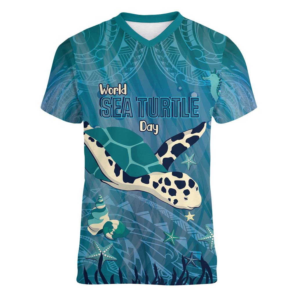 World Sea Turtle Day Polynesia Women V-Neck T-Shirt Go With The Flow