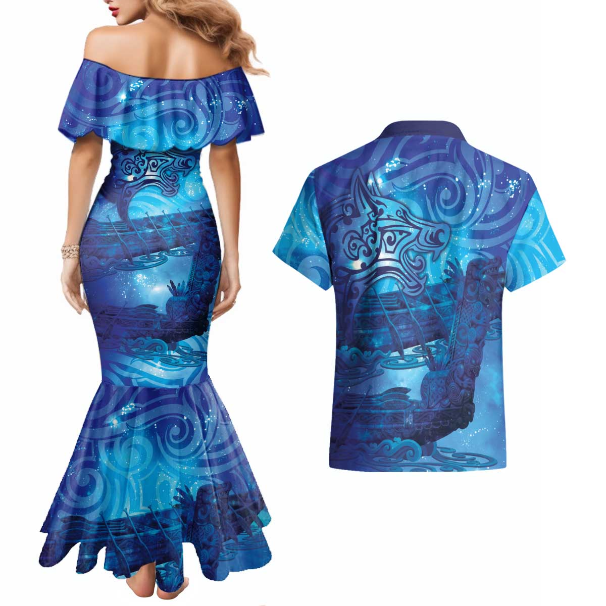Kuri New Zealand Matariki Couples Matching Mermaid Dress and Hawaiian Shirt Aotearoa Dog Waka Maori New Year Galaxy Vibes LT14 - Polynesian Pride