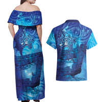 Kuri New Zealand Matariki Couples Matching Off Shoulder Maxi Dress and Hawaiian Shirt Aotearoa Dog Waka Maori New Year Galaxy Vibes LT14 - Polynesian Pride