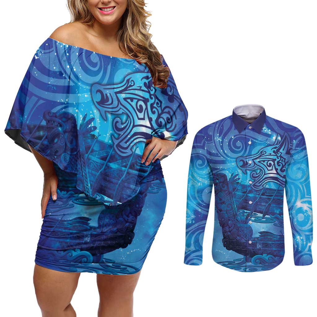 Kuri New Zealand Matariki Couples Matching Off Shoulder Short Dress and Long Sleeve Button Shirt Aotearoa Dog Waka Maori New Year Galaxy Vibes LT14 Blue - Polynesian Pride