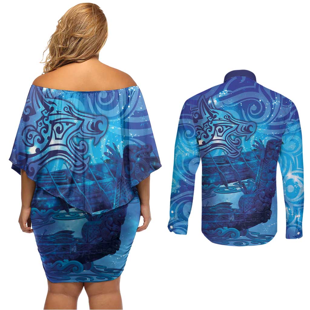 Kuri New Zealand Matariki Couples Matching Off Shoulder Short Dress and Long Sleeve Button Shirt Aotearoa Dog Waka Maori New Year Galaxy Vibes LT14 - Polynesian Pride