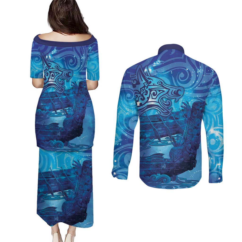 Kuri New Zealand Matariki Couples Matching Puletasi and Long Sleeve Button Shirt Aotearoa Dog Waka Maori New Year Galaxy Vibes LT14 - Polynesian Pride