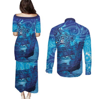 Kuri New Zealand Matariki Couples Matching Puletasi and Long Sleeve Button Shirt Aotearoa Dog Waka Maori New Year Galaxy Vibes LT14 - Polynesian Pride