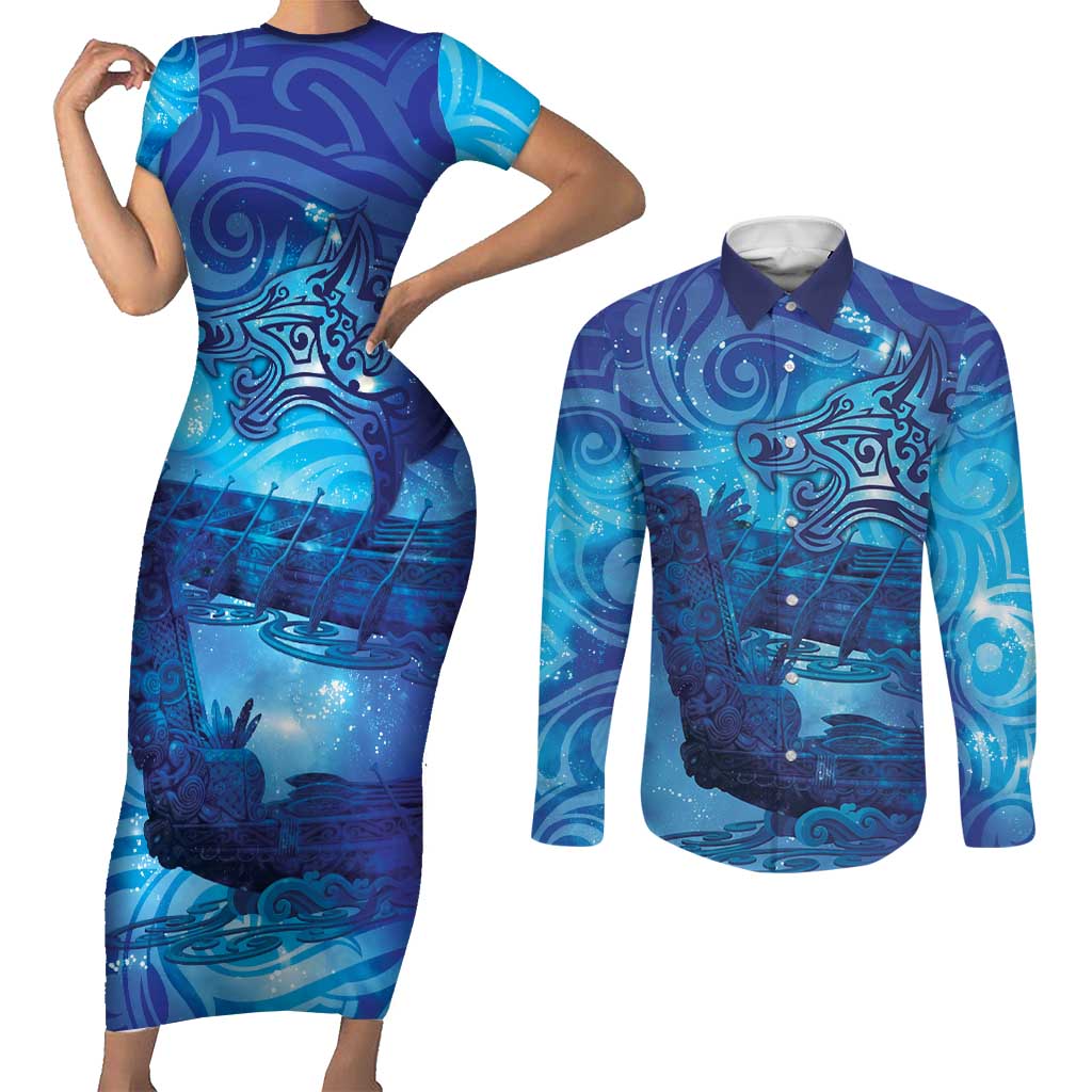 Kuri New Zealand Matariki Couples Matching Short Sleeve Bodycon Dress and Long Sleeve Button Shirt Aotearoa Dog Waka Maori New Year Galaxy Vibes