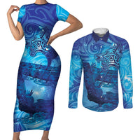 Kuri New Zealand Matariki Couples Matching Short Sleeve Bodycon Dress and Long Sleeve Button Shirt Aotearoa Dog Waka Maori New Year Galaxy Vibes LT14 Blue - Polynesian Pride