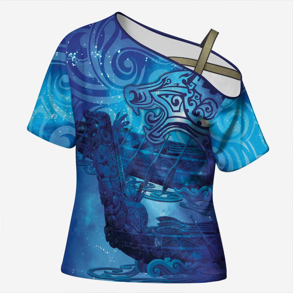 Kuri New Zealand Matariki Cross Shoulder Shirt Aotearoa Dog Waka Maori New Year Galaxy Vibes LT14 Female Blue - Polynesian Pride