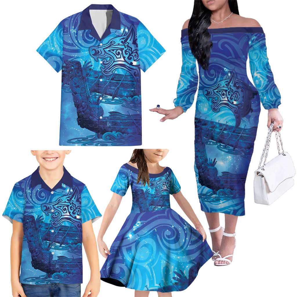 Kuri New Zealand Matariki Family Matching Off The Shoulder Long Sleeve Dress and Hawaiian Shirt Aotearoa Dog Waka Maori New Year Galaxy Vibes