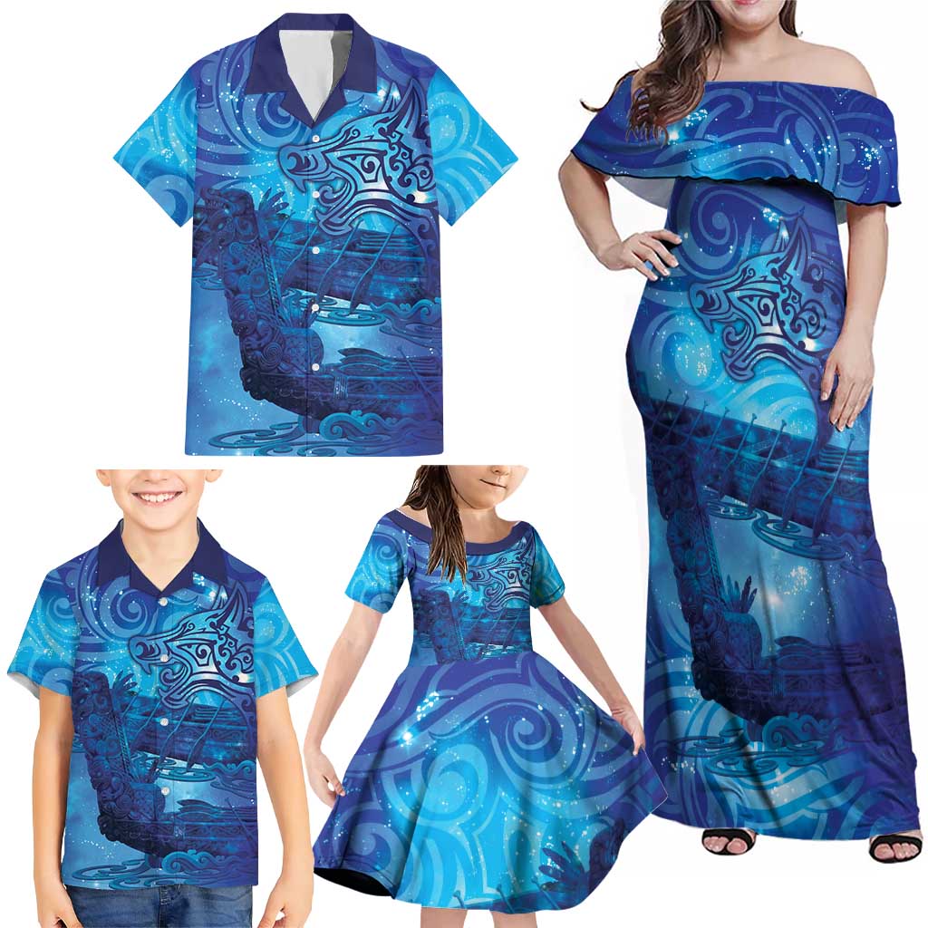 Kuri New Zealand Matariki Family Matching Off Shoulder Maxi Dress and Hawaiian Shirt Aotearoa Dog Waka Maori New Year Galaxy Vibes LT14 - Polynesian Pride