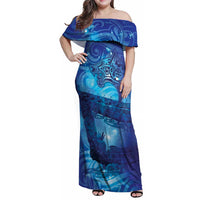 Kuri New Zealand Matariki Family Matching Off Shoulder Maxi Dress and Hawaiian Shirt Aotearoa Dog Waka Maori New Year Galaxy Vibes LT14 Mom's Dress Blue - Polynesian Pride